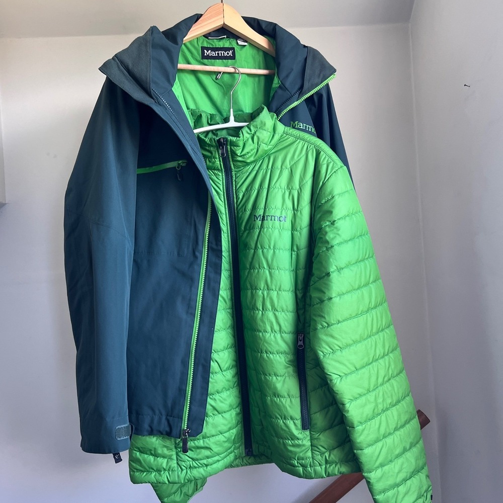 Marmot Men Small 3 In 1 Rain‎ Insulated Zip Out Jacket Coat Green KT Component